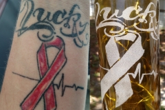 "Lucky" tattoo etched in a wine bottle with LED lights